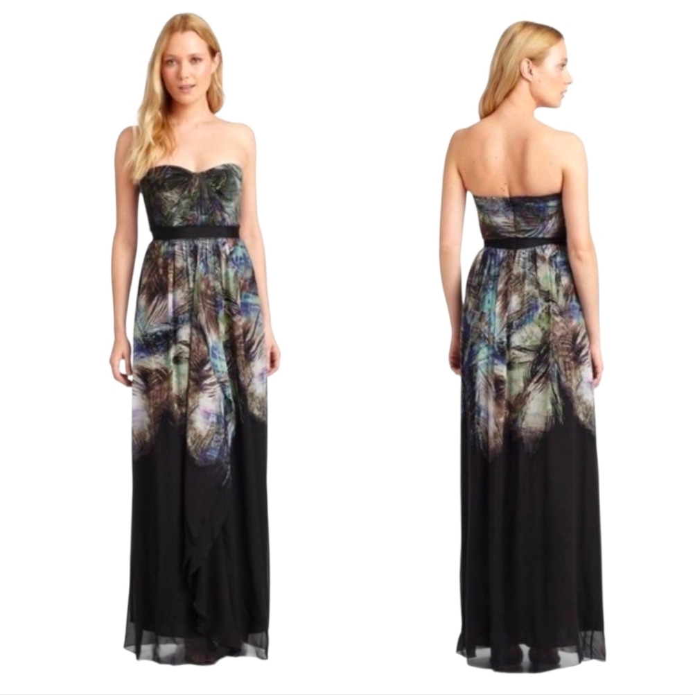 BCBGMAXAZRIA Black Silk Multi Colored Tae Printed Strapless Gown Sz 4 NWT